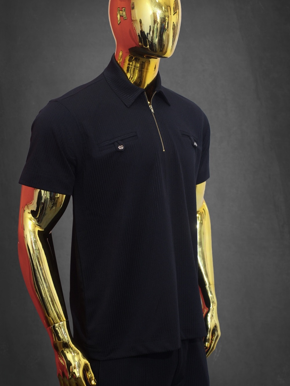 Men's Black Short-Sleeve Zip Polo with Chest Pocket Detail